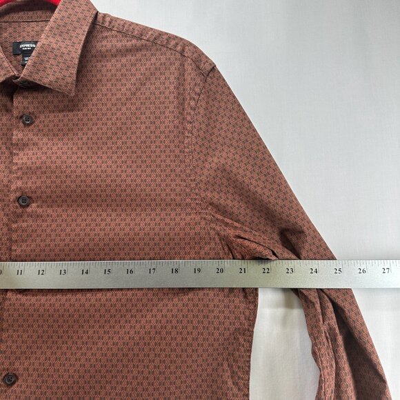 Express 1MX Shirt Mens M Button Up Long Sleeve Stretch Collared Geometric Brown - Picture 7 of 11